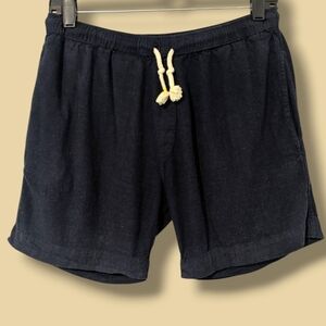 Crasqi Navy Blue Linen Blend Relaxed Elastic Waist Drawstring Shorts Breathable